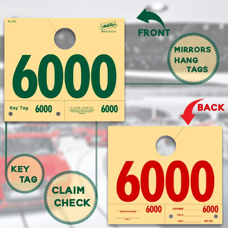Versa-Tags 1000 Automotive Service Dispatch Numbers Mirror Hang Tags Numbered 6000-6999 RL78 Style Red Green Service Dispatch Numbers Manilla Card Stock with 1.25 Slotted Hang Cutout - Image 5